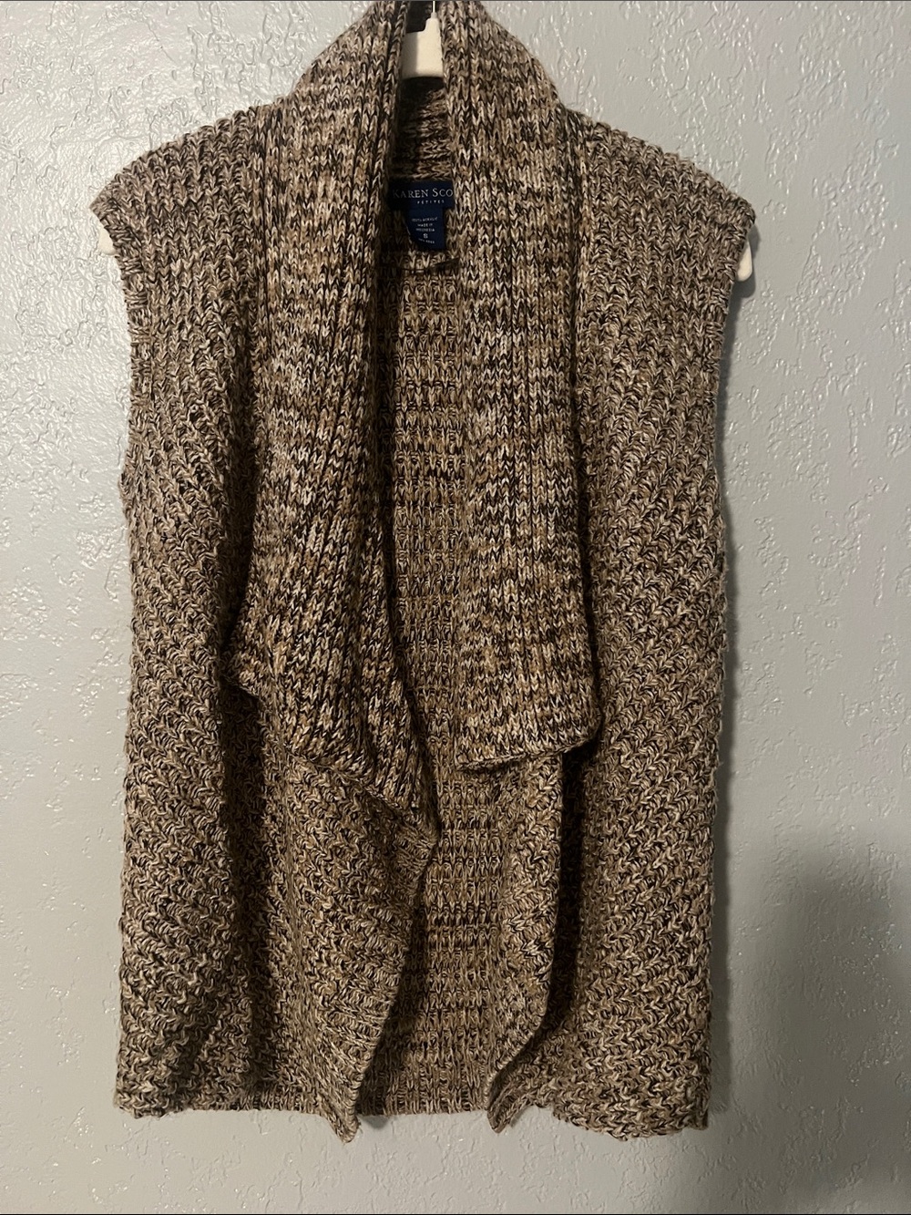 Karen Scott Marled Brown Open-Front Shawl Cardigan Vest